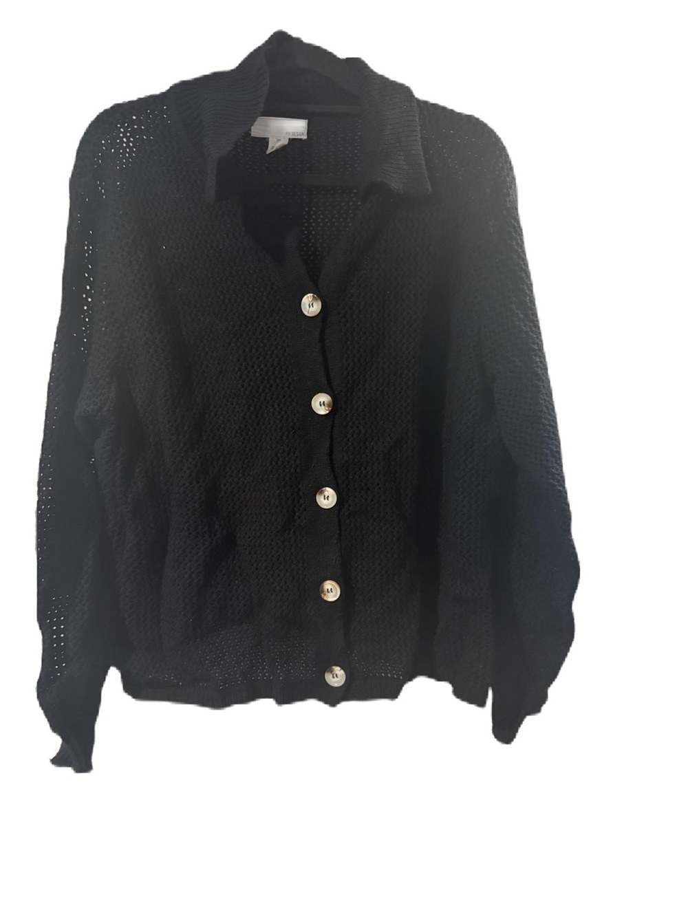 Black Open-Knit Button Front Cardigan